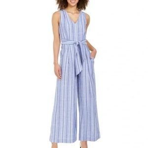Calvin Klein Linen Blend Blue Striped Belted Pockets Sleeveless Party Jumpsuit 4